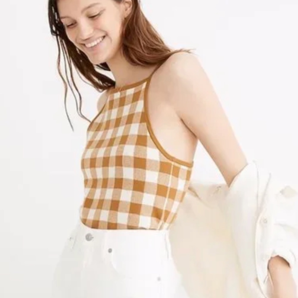Madewell Women's Gingham Apron Sweater Tank Medium Gold White Size XL